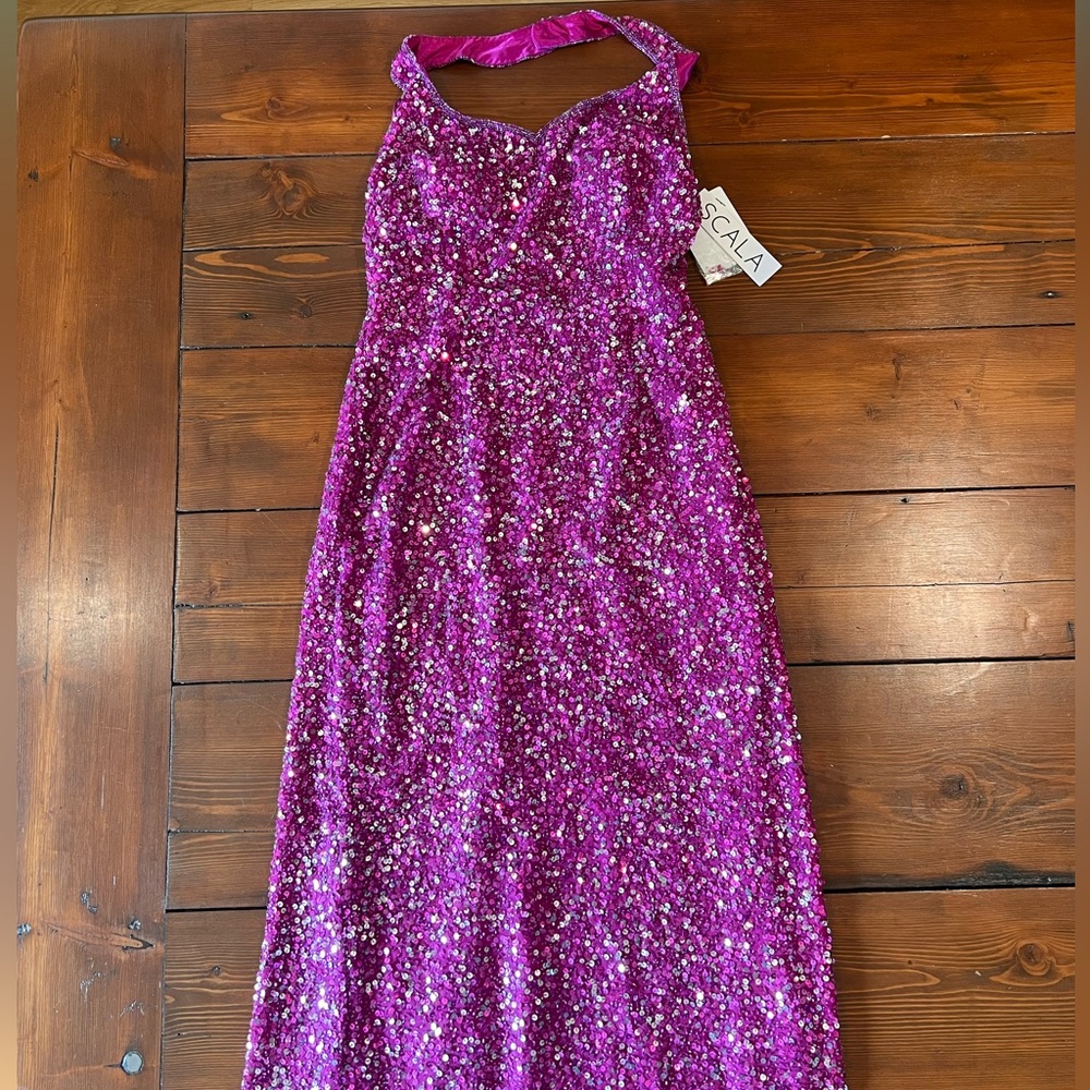 Scala Fuchsia Sequin Halter Prom Dress - ALTERED - XXL 13/14 - 100% Silk